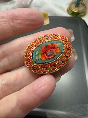 Vintage Red and Green Mosaic Floral  Brooch #10MO